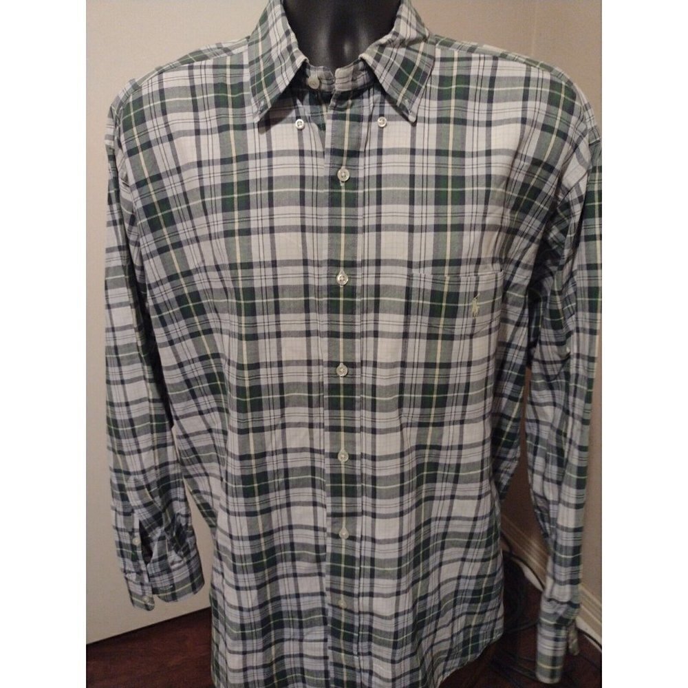 Ralph Lauren Long Sleeve "Big Shirt" Button Shirt Large Cotton Green White Plaid